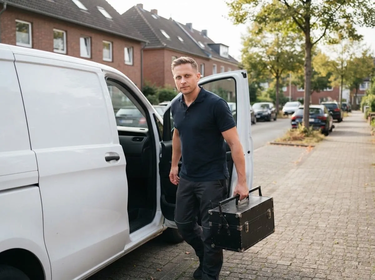 Klempner steigt mit dem Werkzeugkoffer aus einem weißen Transporter in einer Wohnstraße