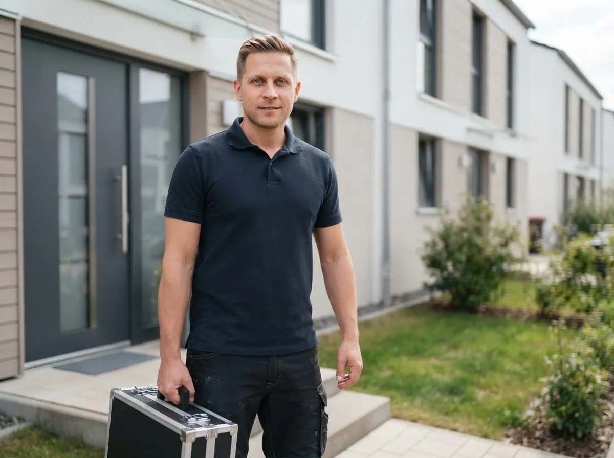 Klempner steht mit Werkzeugkoffer vor der Haustür eines Reihenhauses