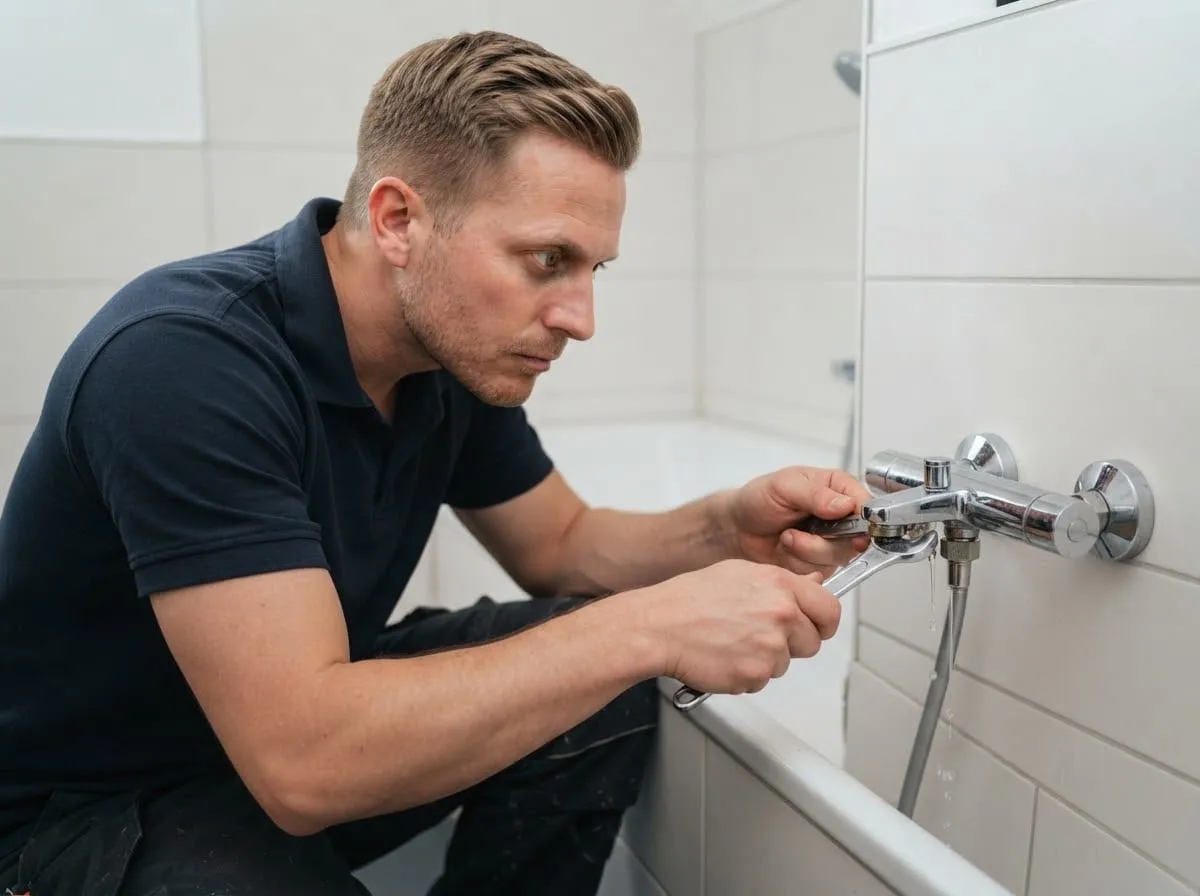 Klempner löst mit dem Schlüssel eine Thermostat-Mischbatterie von der gefliesten Wand über der Badewanne
