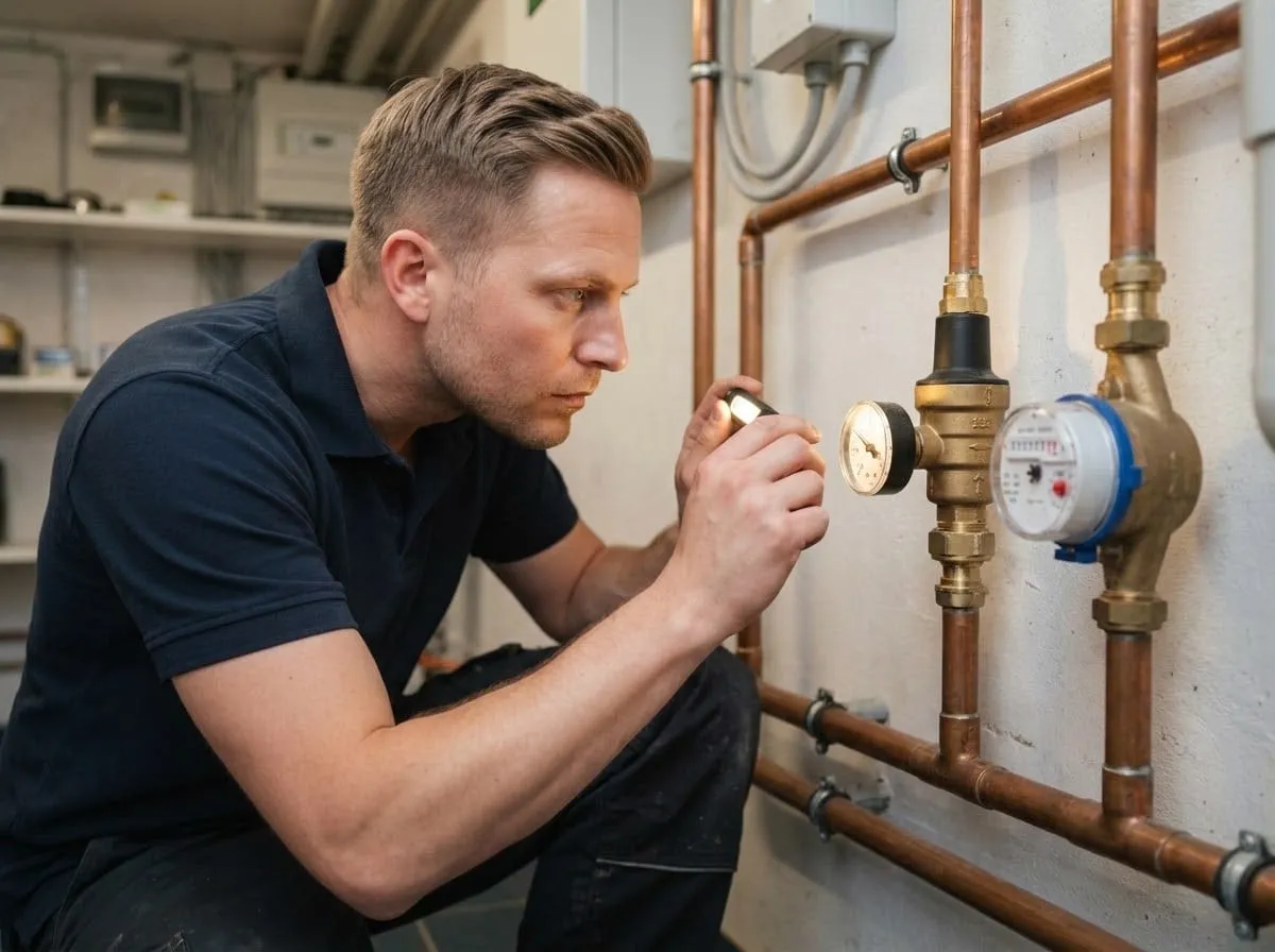 Klempner liest im Keller das Manometer am Druckminderer neben dem Wasserzähler ab