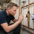 Klempner liest im Keller das Manometer am Druckminderer neben dem Wasserzähler ab