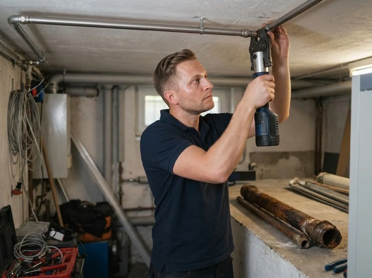 Klempner verpresst an der Kellerdecke ein neues Edelstahlrohr, das alte Rohr liegt am Boden