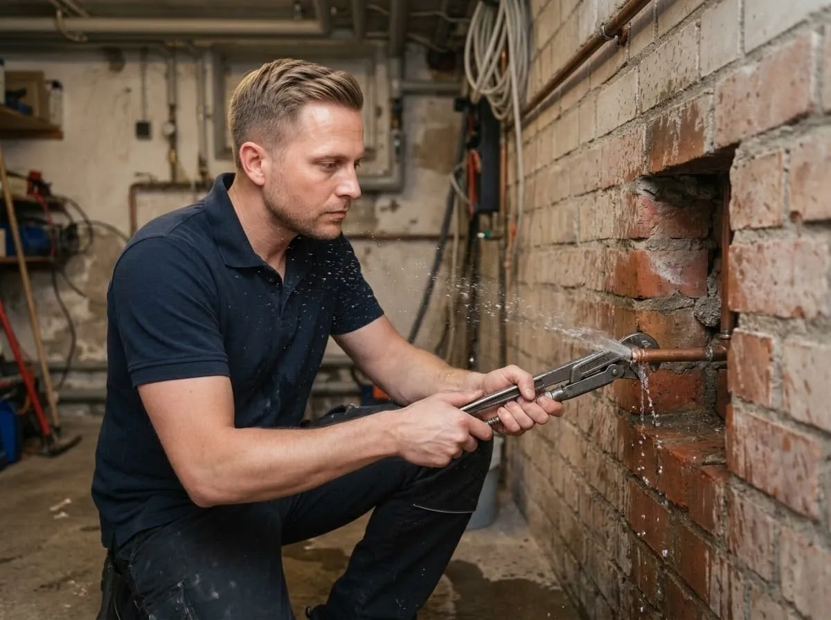 Klempner kniet mit der Rohrzange an einer geöffneten Wand vor einem geplatzten Kupferrohr